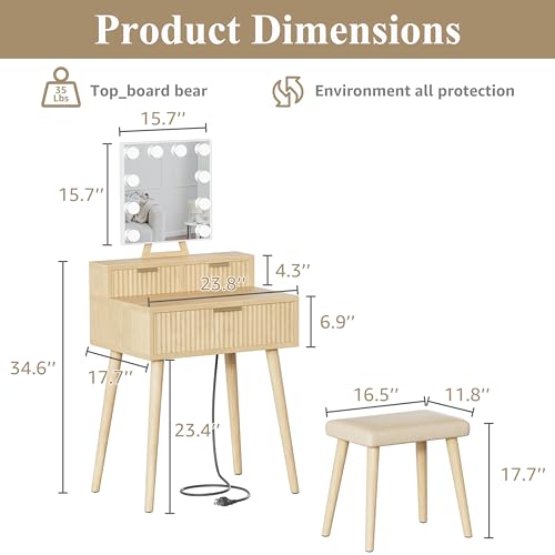 Small Vanity Desk with Hollywood Mirror and Lights, Girls Vanity with Stool, view 3