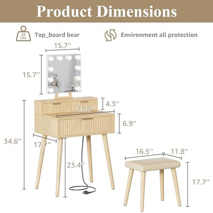 Small Vanity Desk with Hollywood Mirror and Lights, Girls Vanity with Stool, view 3