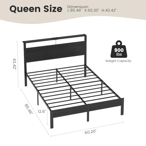 Queen Size Bed Frame with LED Lights and Charging Station Headboard, view 3