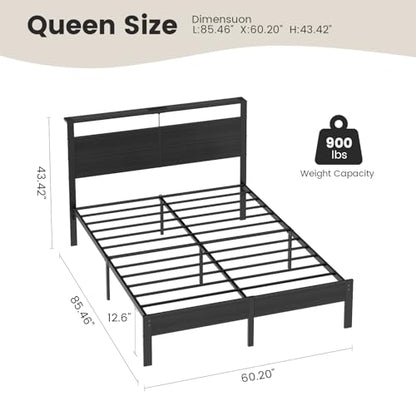 Queen Size Bed Frame with LED Lights and Charging Station Headboard, view 3