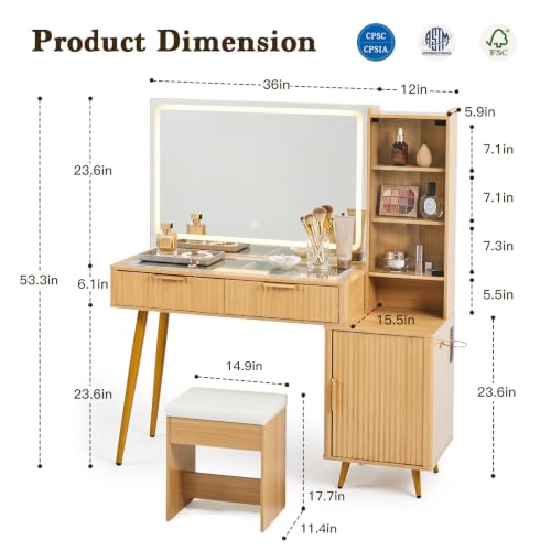 48 In Makeup Vanity Desk with Lighted Mirror, Fluted Vanity Table with Glass Top, view 3