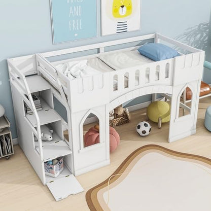 LUMISOL Kids Twin Low Loft Bed with Rails, Solid Wood Loft Bed Frame with Staircase, Window and Guardrails for Kids, No Box Spring Needed, White