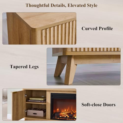 70" Fluted Fireplace TV Stand with 36" Electric Fireplace, Natural Oak, view 7