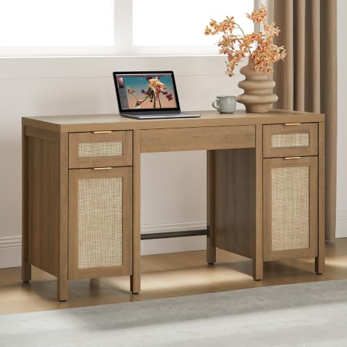 Rattan Home Office Desk with Storage, 52" Boho Executive Desk, view 2