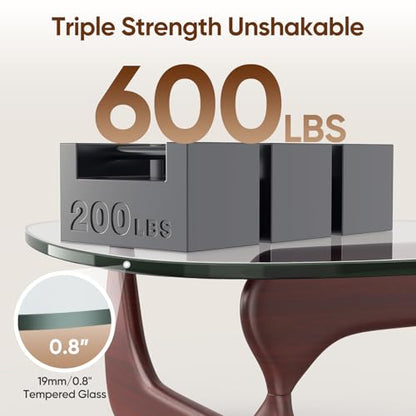 Triangle Glass Coffee Table Modern Coffee Table, with Vintage Clear Glass, and Solid Wood Base, End Table for Living Room, Office, Balcony, Patio (Dark Walnut)