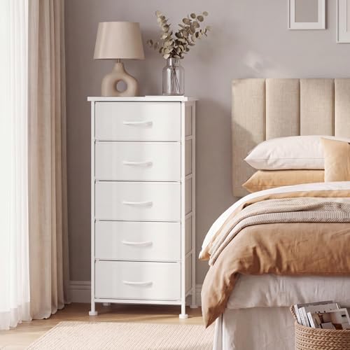 Tall Skinny Dresser with 5 Fabric Drawers, Narrow Dresser, White, 33.8in height, view 4