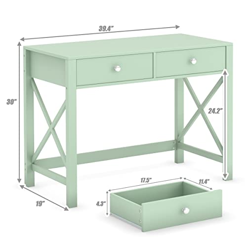 Home Office Desk with Drawers, Modern Writing Computer Desk for Bedroom, Small Makeup Vanity Table Study Table for Home Office,Green