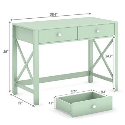 Home Office Desk with Drawers, Modern Writing Computer Desk for Bedroom, Small Makeup Vanity Table Study Table for Home Office,Green