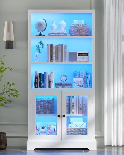 5-Tier Bookshelf, 65" Bookshelf with Multi-Color Ambient Lights (APP Remote Control), Tall Vertical Display Shelf with Cabinet Doors, Suitable for Living Room, Bedroom, Study, Office, White