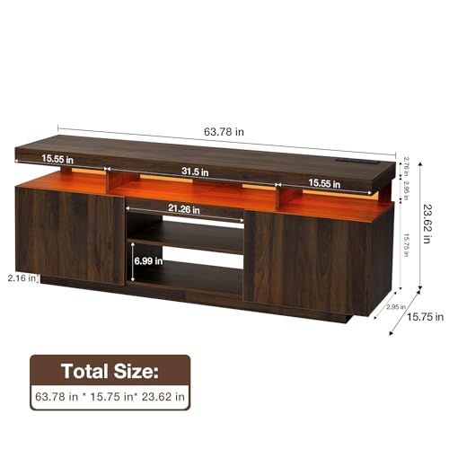 Modern LED TV Stand for 75 Inch TV, Walnut TV Console with Power Outlet, Entertainment Center with Storage for 75/70/65 inch TVs, Rustic Gaming Media Console Cabinet for Living Room (64 Inch)