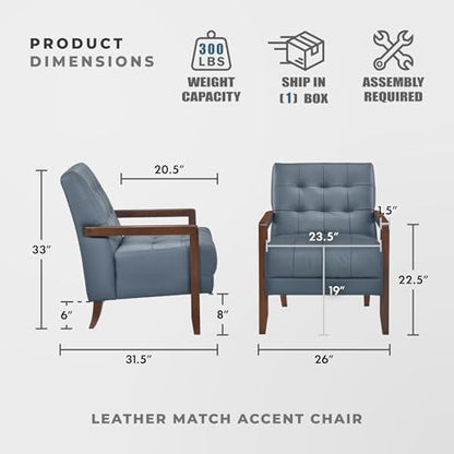 Modern Accent Chair, Luxury Genuine Leather Match Living Room Chair with Tufted Cushions, Solid Wood Frame and Arm Rest, Comfy Upholstered Single Seat for Bedroom/Reading/Office, Blue