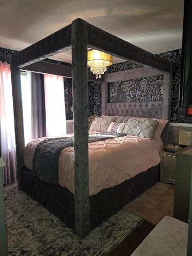 Velvet Canopy Bed Frame King - Upholstered Four Poster Bed Frame with Tufted Headboard and Footboard, Luxury Bed Frame with Wood Slats for Bedroom Furniture, Box Spring Required, Black