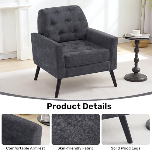 Accent Chair for Living Room, Mid Century Modern Reading Chair, Upholstered Armchair with Tufted Back & Wood Legs, Single Sofa Side Chair for Bedroom Small Room Office Apartment, Dark Grey