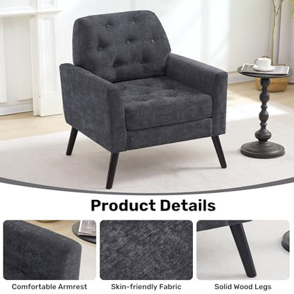 Accent Chair for Living Room, Mid Century Modern Reading Chair, Upholstered Armchair with Tufted Back & Wood Legs, Single Sofa Side Chair for Bedroom Small Room Office Apartment, Dark Grey
