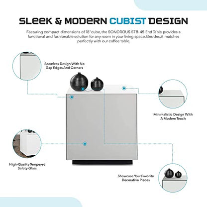 Premium Tempered Glass Side Table - Luxury Nightstand & Bedside Table for Bedroom or Living Room - High Gloss End Table in White Finish - Sleek Cube Design with Fingerprint Resistant Glass