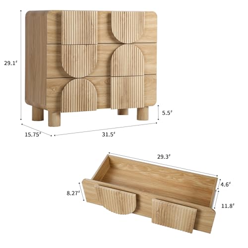 3 Drawer Dressers for Bedroom, 31.5" Wide Large Mid Century Modern Fluted Nightstand 2 Sets, Wood Dresser & Chest of Drawers with Curved Profile for Living Room, Entryway, Hallway Natural