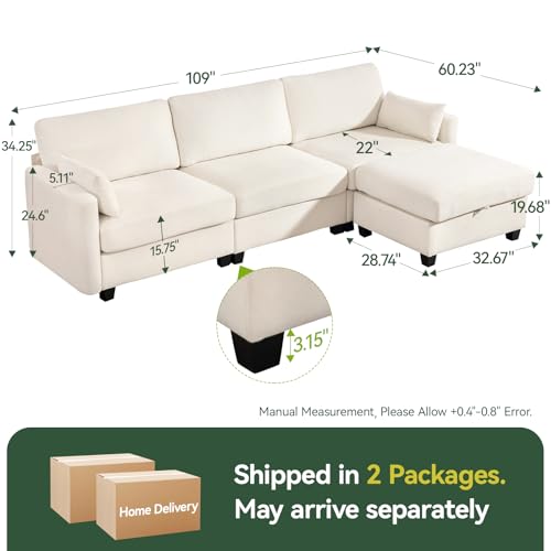109'' Modular Sectional Sofa, L Shaped Couch with Storage Ottoman, Comfy Cloud Sofa with Deep Seat, 4 Seat Convertible Sectional Couches for Living Room(Beige, High Legs 3.15'')