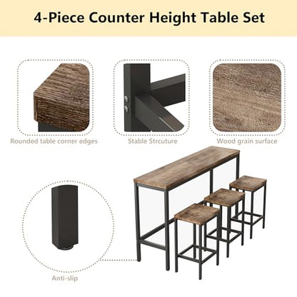 Modern Design 4-Piece Counter Height Extra Long Dining Table Set with 3 Stools and Side Table with Footrest,Space-Saving Pub Kitchen Set,Easy Assembly,Natural