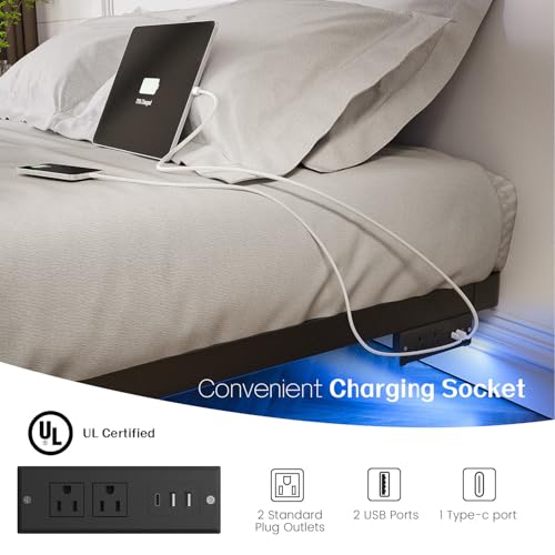 Metal King Size Bed Frame with LED Lights and Charging Station, view 6