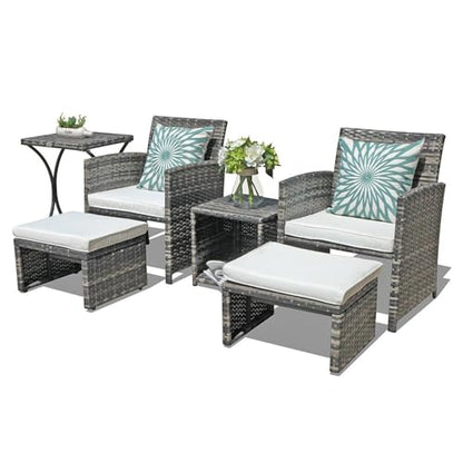 6 Piece Patio Furniture Conversation Set with Ottoman, Outdoor Grey Wicker Chair and Table Set, Balcony Furniture for Apartments, White