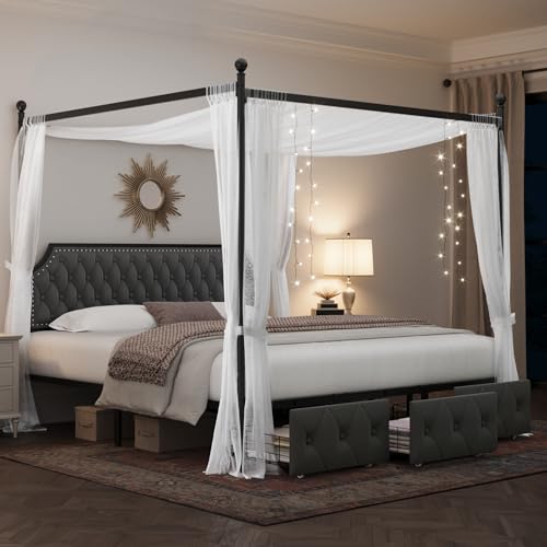 King Upholstered Canopy Bed Frame with 3 Storage Drawers & Button Tufted, view 2