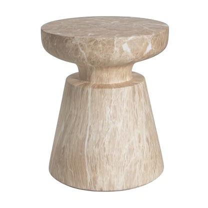Jayme 15"Lightweight Concrete End Table, Indoor Outdoor Accent Side Table, Travertine Round Tabletop, Easy Move, Decorative Garden Stool for Poolside Balcony Living Room, Gold