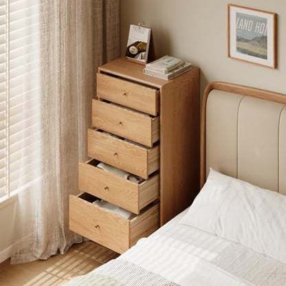 Solid Oak Wood Dresser, 5 Drawer Dresser for Bedroom, Solid Wood Nightstand with Drawers, Modern Chest of Drawers for Living Room, Hallway, Closet, Natural Oak (20" W x 15.75" D x 43.6" H)