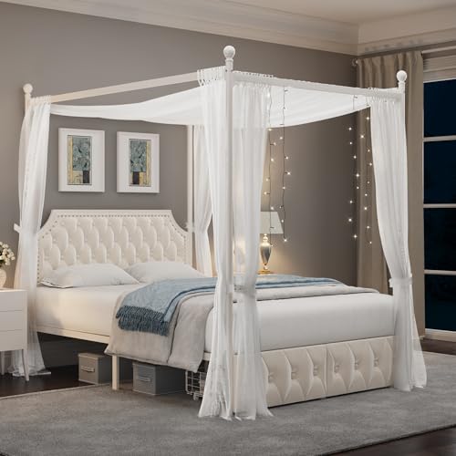 Full Upholstered Canopy Bed Frame with 2 Storage Drawers & Button Tufted, view 2