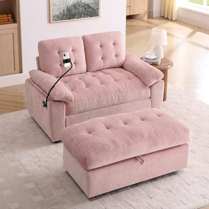 2 Seater Upholstered Loveseat Sofa with Storage Ottoman Phone Mount and Side Pocket Tufted Accent Couch, Pink