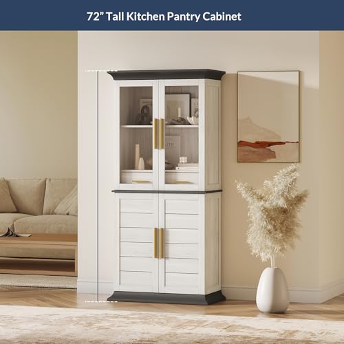 72" High Storage Cabinet with Adjustable Shelves and Drawers, Freestanding Cabinet with Ample Storage Space for Kitchen, Dining & Living Room - White