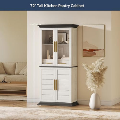 72" High Storage Cabinet with Adjustable Shelves and Drawers, Freestanding Cabinet with Ample Storage Space for Kitchen, Dining & Living Room - White