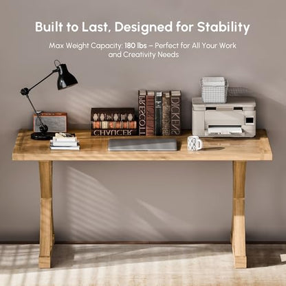 59.1" Solid Wood Executive Desk, Rustic Farmhouse Home Office Desk with X-Trestle Base, Compact Writing & Computer Table for Home Office or Study Room