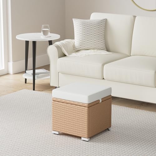 Best Choice Products Set of 2 Wicker Ottomans, Multipurpose Outdoor Furniture for Patio, Backyard, Additional Seating, Footrest, Side Table w/Storage, Removable Cushions - Natural/Ivory