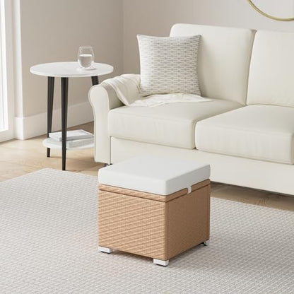 Best Choice Products Set of 2 Wicker Ottomans, Multipurpose Outdoor Furniture for Patio, Backyard, Additional Seating, Footrest, Side Table w/Storage, Removable Cushions - Natural/Ivory