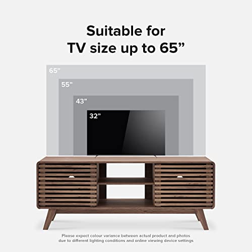 Ensley 59" Tall TV Stand with Slatted Door, Mid Century Modern Entertainment Center for 55-65 inch TV, Farmhouse Media Console with Storage, Adjustable Shelves, Round Edges, Living Room (Walnut)