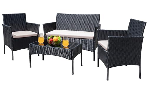 Patio Furniture 4 Pieces Conversation Sets Outdoor Wicker Rattan Chairs Garden Backyard Balcony Porch Poolside loveseat with Cushion and Glass Table, Black and Beige