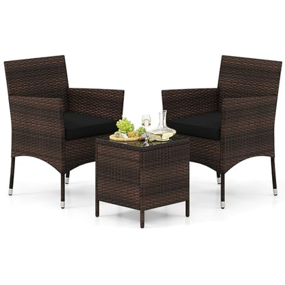 3 Pieces Patio Rattan Furniture Set, Outdoor Conversation Set with PE Wicker Armchairs, Tempered Glass Top Coffee Table, Soft Removable Cushions, for Porch Garden Yard Balcony (Black)