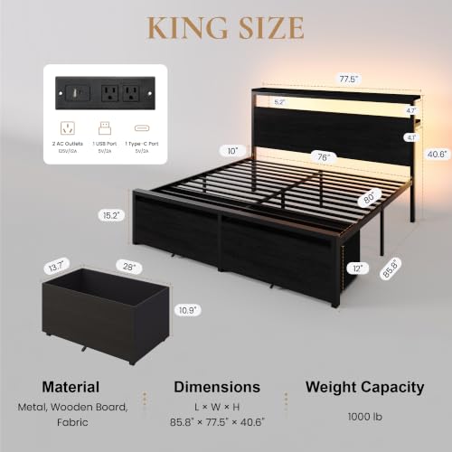 King LED Bed Frame, 2 Storage Drawers, Charging Station, Black, view 3