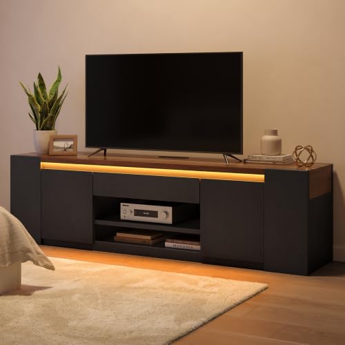 71'' Modern LED TV Stand with Storage and Charging Station (Black), view 2