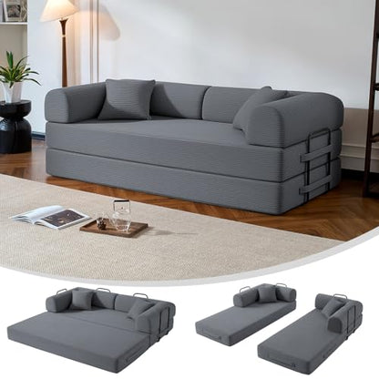 79" Boneless Couch,6-in-1 Convertible Sofa Bed,Corduroy Sleeper Sofa Bed with Pillows,Modular Foldable Floor Loveseat, Boneless Couches for Living Room, Bedroom, Lounge, Studio (Dark Gray)