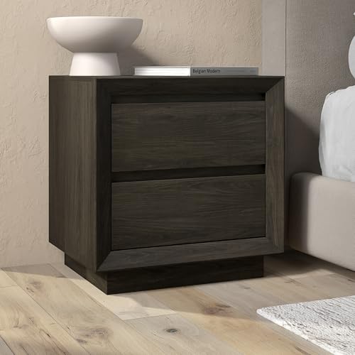 24" Nightstand Side Table, Rich Brown | 2-drawer end table with soft-glide drawers, beveled edge detailing, and a plinth base for bedroom, living room, or office