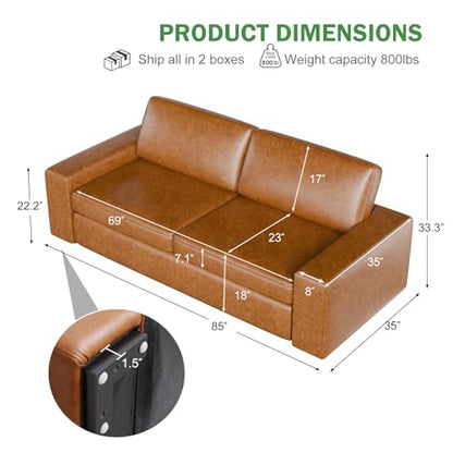 85" Faux Leather Sofa Couches, 3 Seater Mid-Century Modern Sofa with Extra Deep Seats, Upholstered Cushion&Removable Cover, Comfy Couch for Small Space Living Room Apartment, Brown