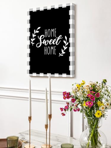 NuYeBiofx Sweet Home Text Leaf on Black Canvas Wall Art Prints,30"x20" Framed Picture Artwork Farmhouse Buffalo Plaid Printed Canvas Oil Painting for Living Room Bedroom Office,Ready to Hang