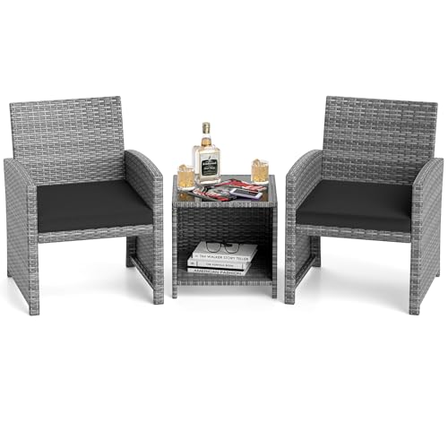 3 Pieces Patio Furniture Set, PE Rattan Outdoor Chairs with Tempered Glass Coffee Table & Soft Seat Cushions, Patio Bistro Set, Outdoor Conversation Set for Porch, Backyard Poolside (Black)