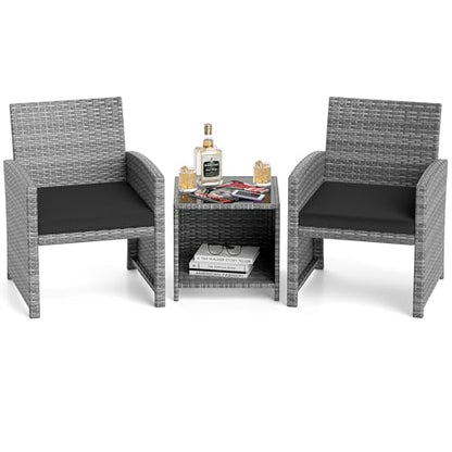 3 Pieces Patio Furniture Set, PE Rattan Outdoor Chairs with Tempered Glass Coffee Table & Soft Seat Cushions, Patio Bistro Set, Outdoor Conversation Set for Porch, Backyard Poolside (Black)