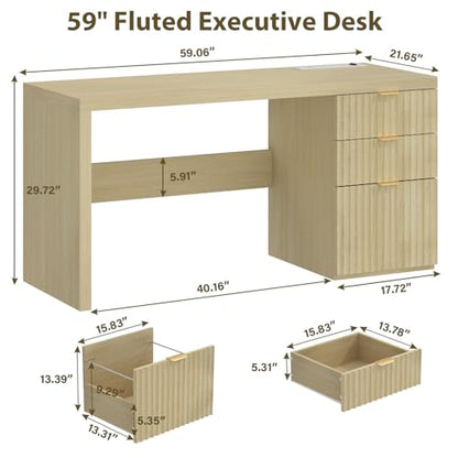 60" Fluted Executive Desk with Ample File Drawer & Large Charging Station, Wood Modern Home Office Desk with Storage, Computer Writing Desk for Work, Living Room, Bedroom, Durable & Sturdy, Natural