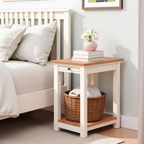 Savannah Narrow End Table – 12” W x 22” D Small Side Table with Pull-Out Tray and Storage Shelf – Farmhouse Nightstand for Living Room or Bedroom by (Ivory and Natural Wood Finish)
