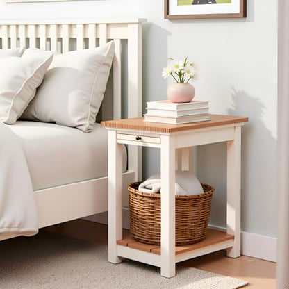 Savannah Narrow End Table – 12” W x 22” D Small Side Table with Pull-Out Tray and Storage Shelf – Farmhouse Nightstand for Living Room or Bedroom by (Ivory and Natural Wood Finish)