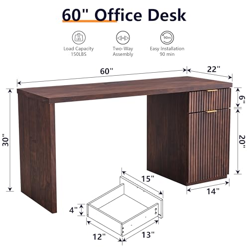 60" Modern Executive Desk with Storage, Wood Home Office Desk with Drawer & Cabinet, Fluted Computer Writing Desk for Study, Living Room, Bedroom, Dark Walnut