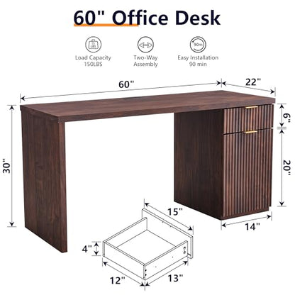 60" Modern Executive Desk with Storage, Wood Home Office Desk with Drawer & Cabinet, Fluted Computer Writing Desk for Study, Living Room, Bedroom, Dark Walnut